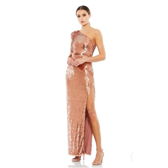 NWT Mac Duggal Orange Sequined One Sleeve Column Gown Copper 6 #7937 - Picture 1 of 9